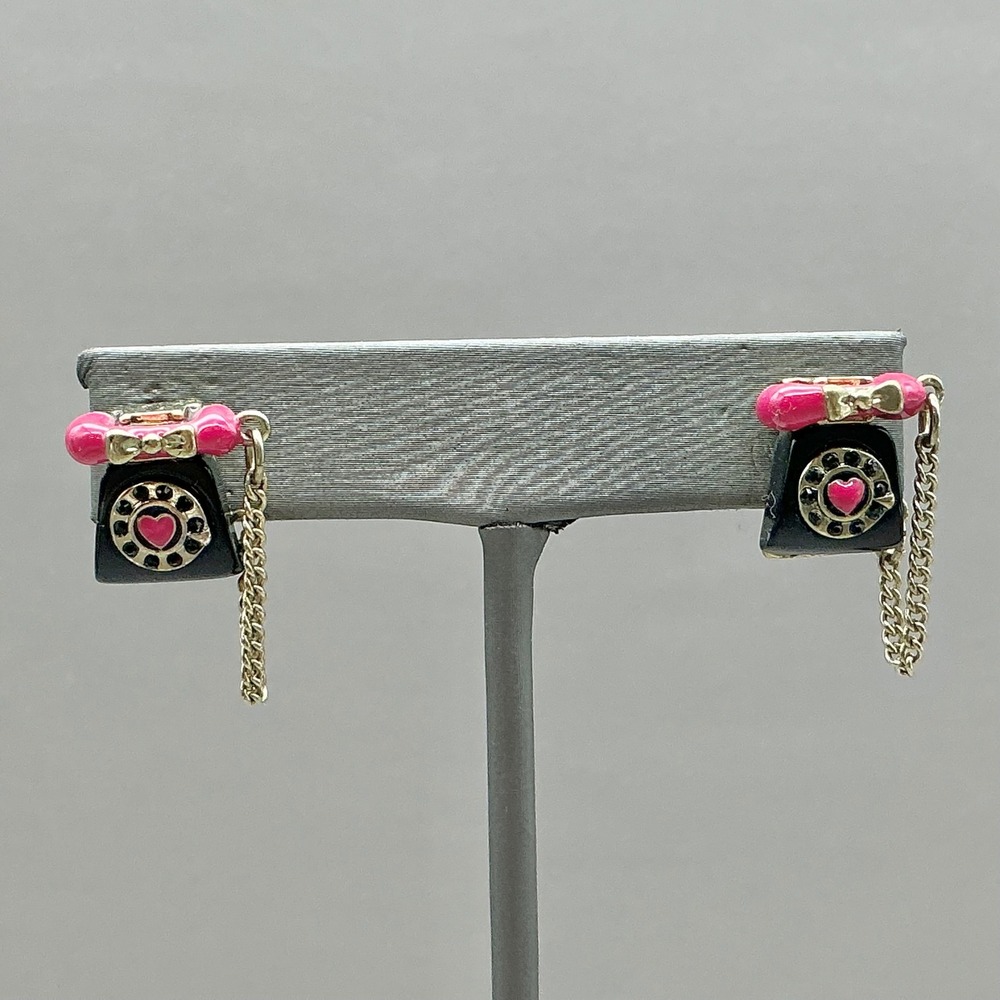 Betsey Johnson Earrings Women Black Pink Rotary Telephone Call Me Heart Dangle